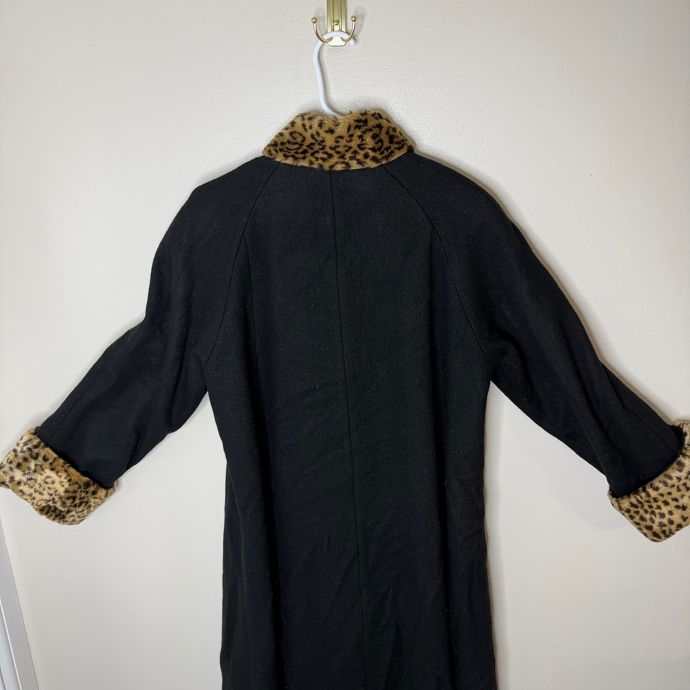 Russell Scott Vintage Coat Black Wool Blend Leopard Trim Long Elegant USA - Picture 5 of 14